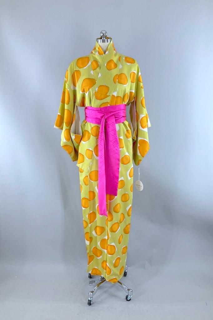 Vintage Chartreuse Silk Dot Kimono-ThisBlueBird