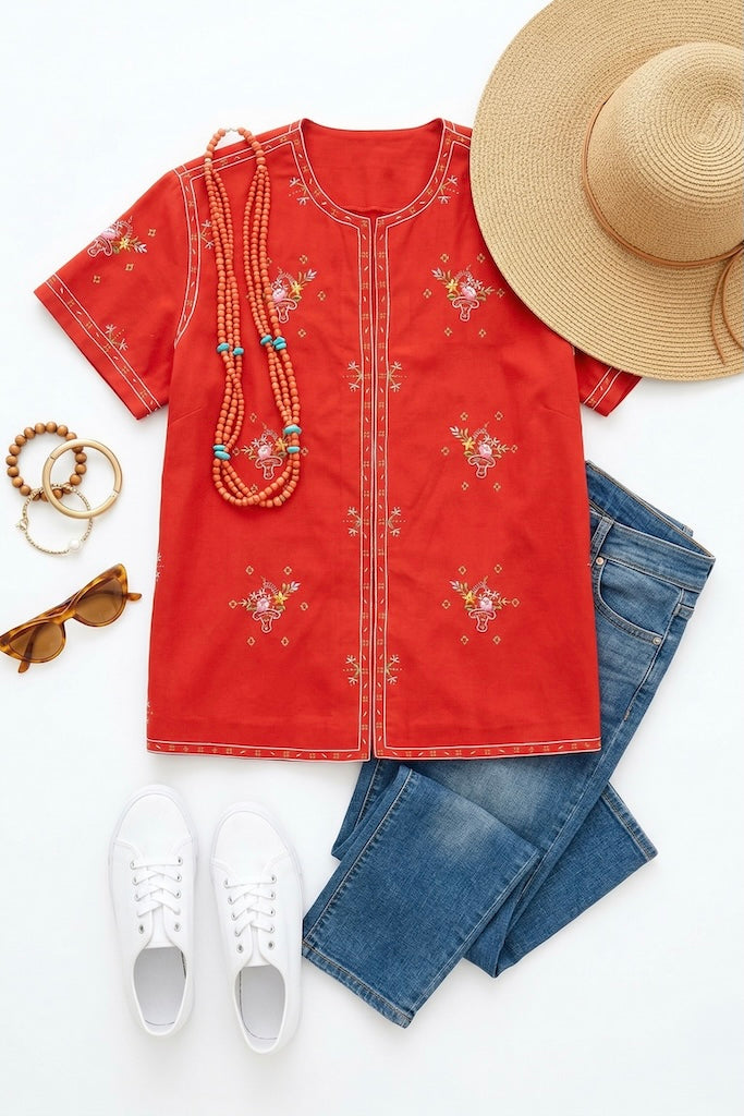 Vintage Cherry Red Floral Embroidered Blouse-ThisBlueBird