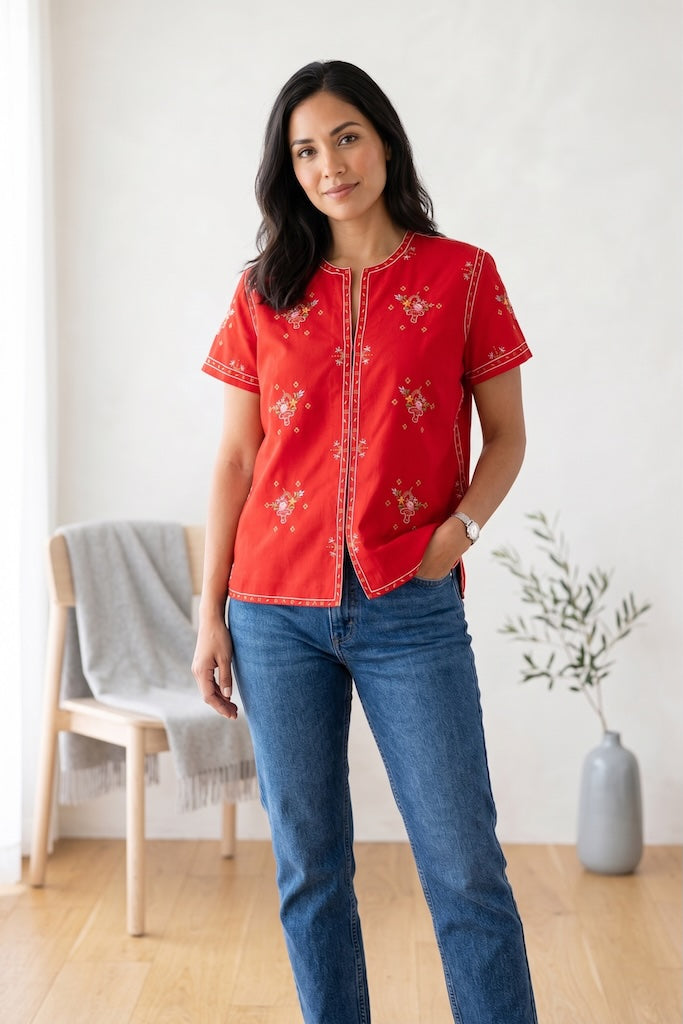 Vintage Cherry Red Floral Embroidered Blouse-ThisBlueBird