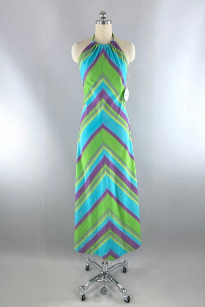 Vintage Chevron Stripes Halter Maxi Dress-ThisBlueBird