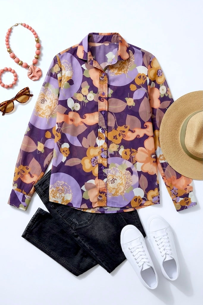 Vintage Chiffon Blouse / Purple Floral Print-ThisBlueBird
