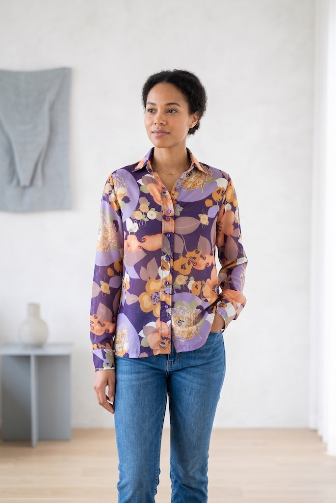 Vintage Chiffon Blouse / Purple Floral Print-ThisBlueBird