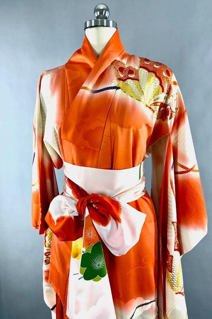 Vintage Coral Orange Butterflies Silk Furisode Kimono-ThisBlueBird