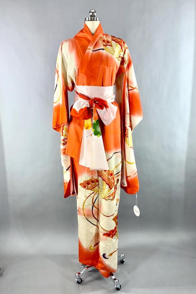 Vintage Coral Orange Butterflies Silk Furisode Kimono-ThisBlueBird