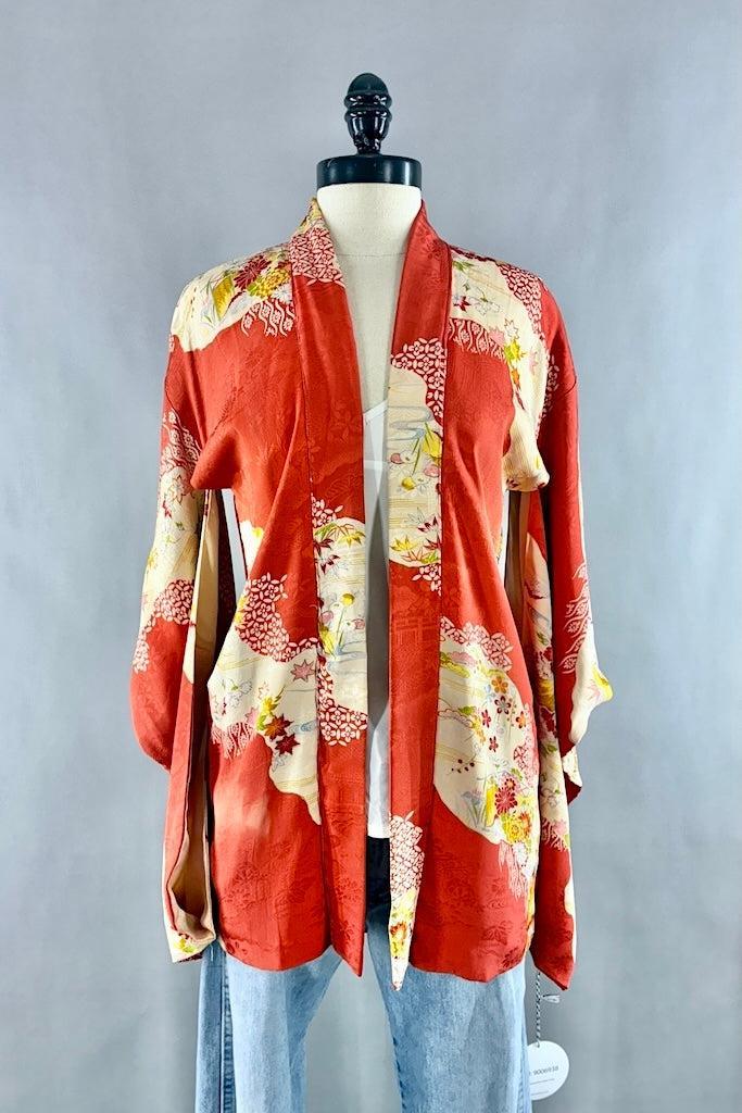 Vintage Coral Orange Silk Kimono Cardigan-ThisBlueBird