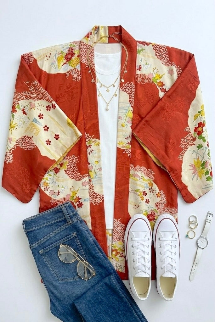Vintage Coral Orange Silk Kimono Cardigan-ThisBlueBird