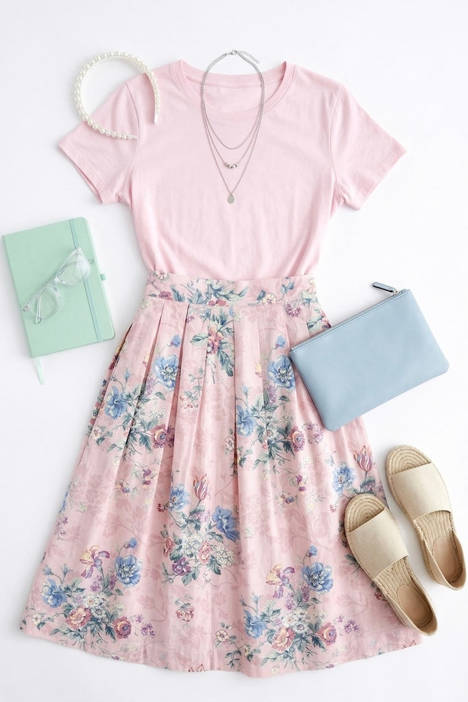 Vintage Cottagecore Pink Floral Skirt-ThisBlueBird