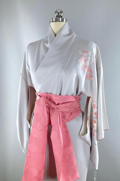 Vintage Dove Gray & Pink Silk Kimono Robe-ThisBlueBird