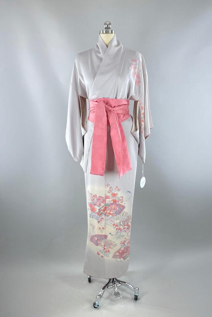 Vintage Dove Gray & Pink Silk Kimono Robe-ThisBlueBird