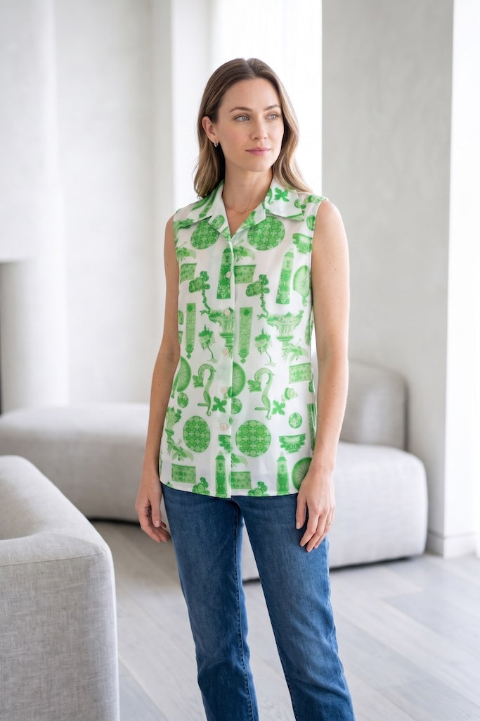 Vintage Dragon Print Sleeveless Blouse-ThisBlueBird