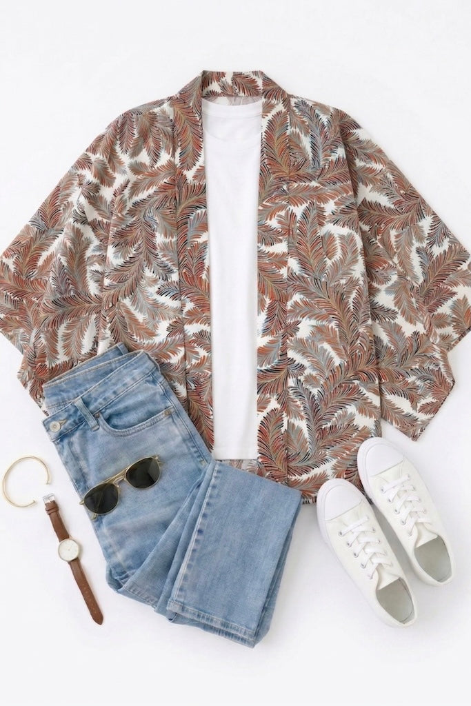 Vintage Fall Feathers Silk Kimono Cardigan-ThisBlueBird