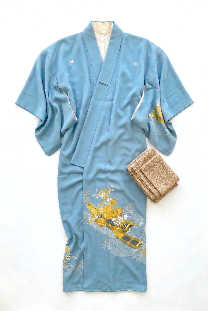 Vintage Golden River Boats Silk Kimono Robe-ThisBlueBird