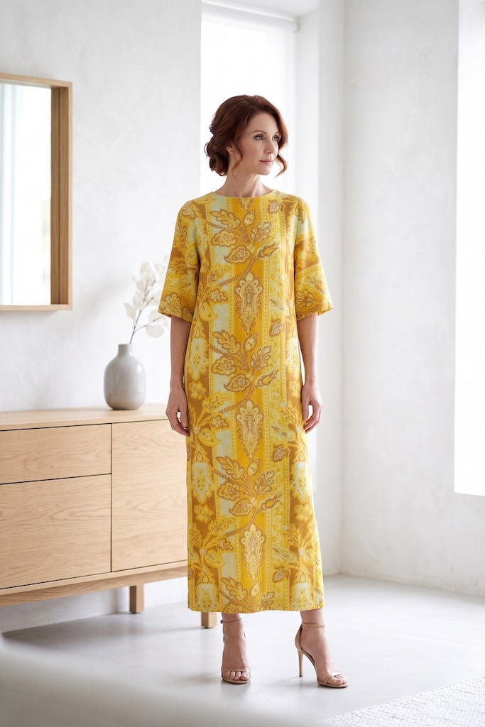 Vintage Golden Yellow Floral Print Maxi Dress-ThisBlueBird