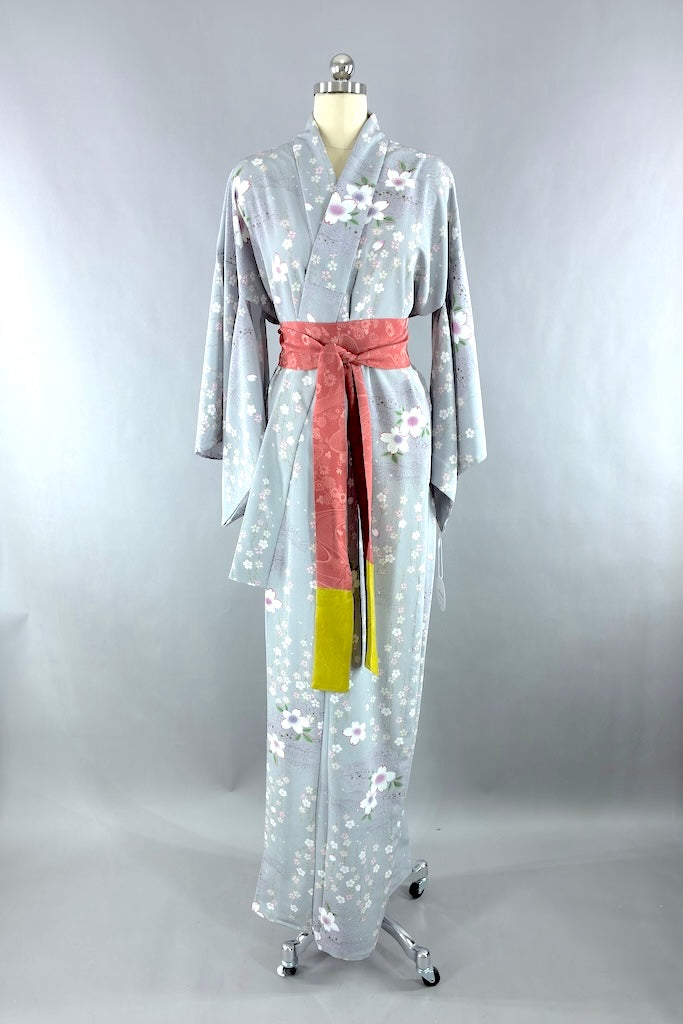 Vintage Gray Floral Summer Silk Kimono Robe-ThisBlueBird