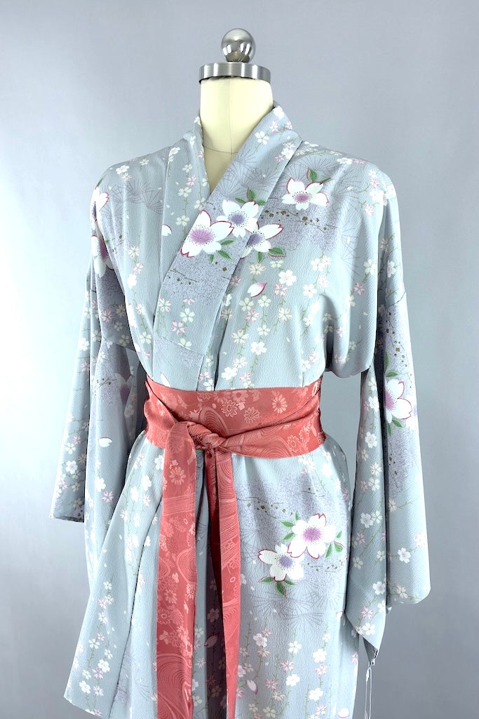 Vintage Gray Floral Summer Silk Kimono Robe-ThisBlueBird