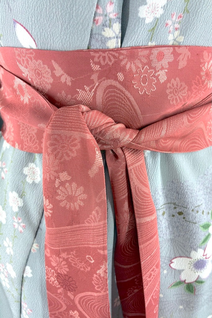 Vintage Gray Floral Summer Silk Kimono Robe-ThisBlueBird