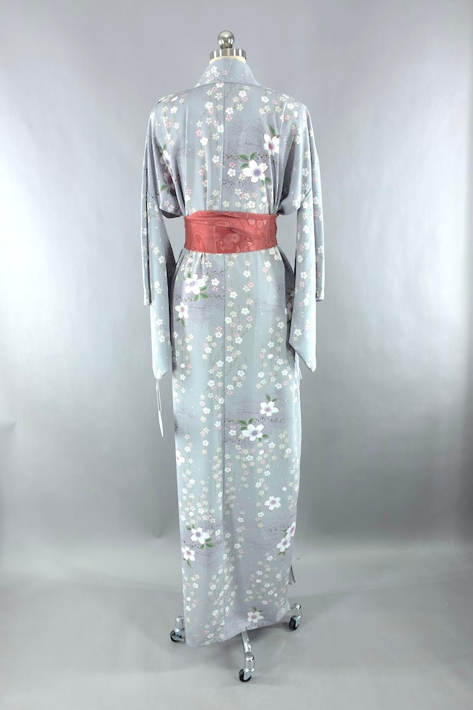 Vintage Gray Floral Summer Silk Kimono Robe-ThisBlueBird