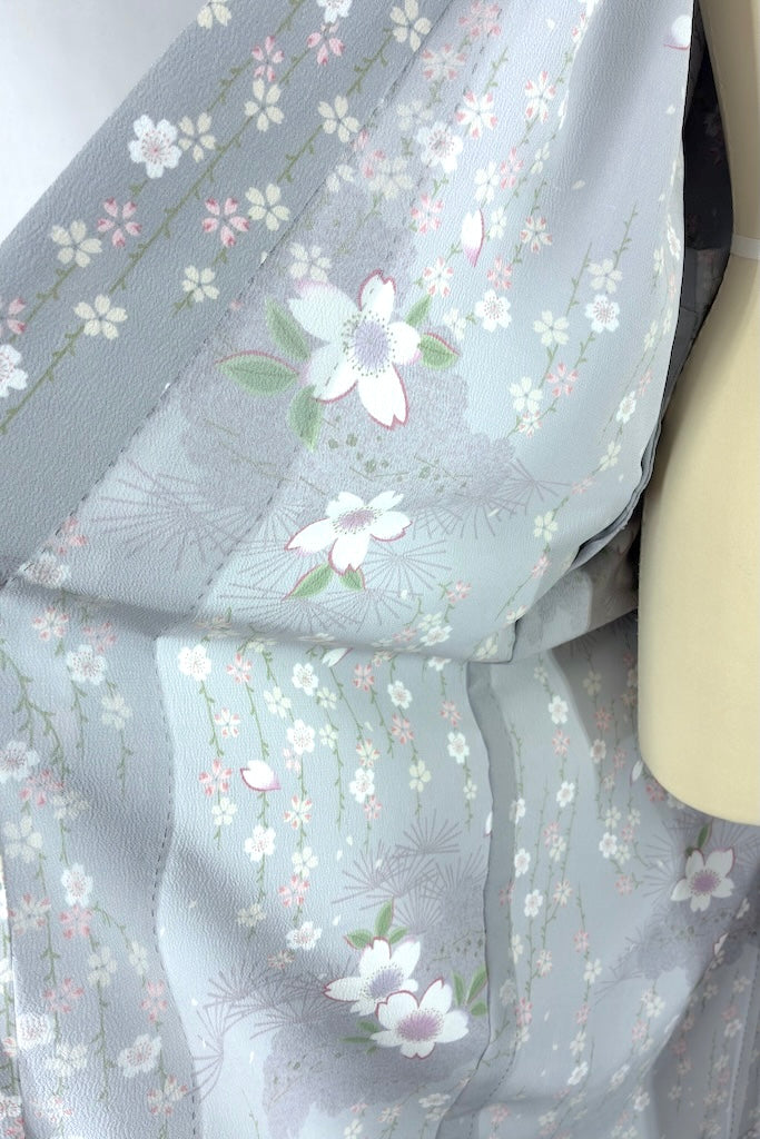 Vintage Gray Floral Summer Silk Kimono Robe-ThisBlueBird