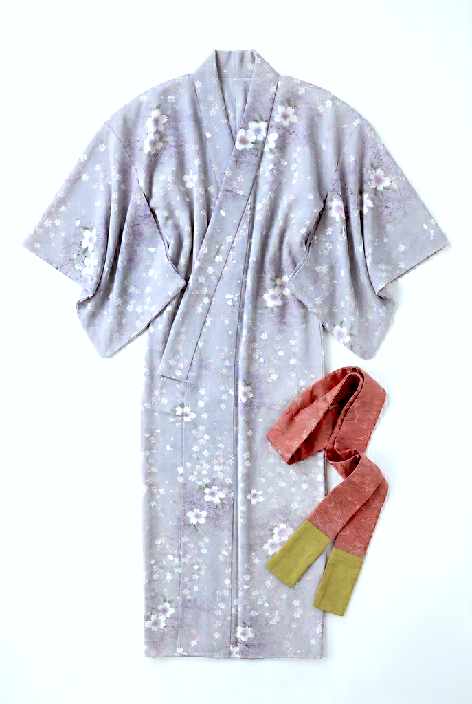 Vintage Gray Floral Summer Silk Kimono Robe-ThisBlueBird