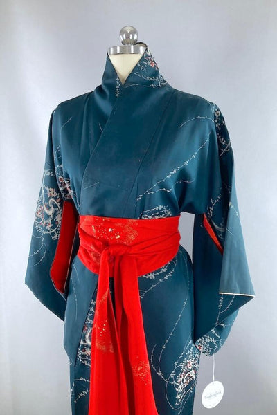 Vintage Green and Red Silk Kimono-ThisBlueBird