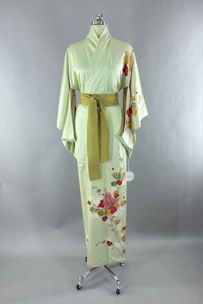 Vintage Green Butterflies Silk Kimono Robe-ThisBlueBird