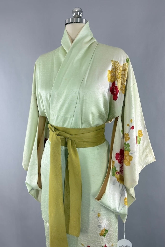 Vintage Green Butterflies Silk Kimono Robe-ThisBlueBird