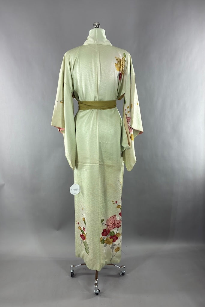 Vintage Green Butterflies Silk Kimono Robe-ThisBlueBird