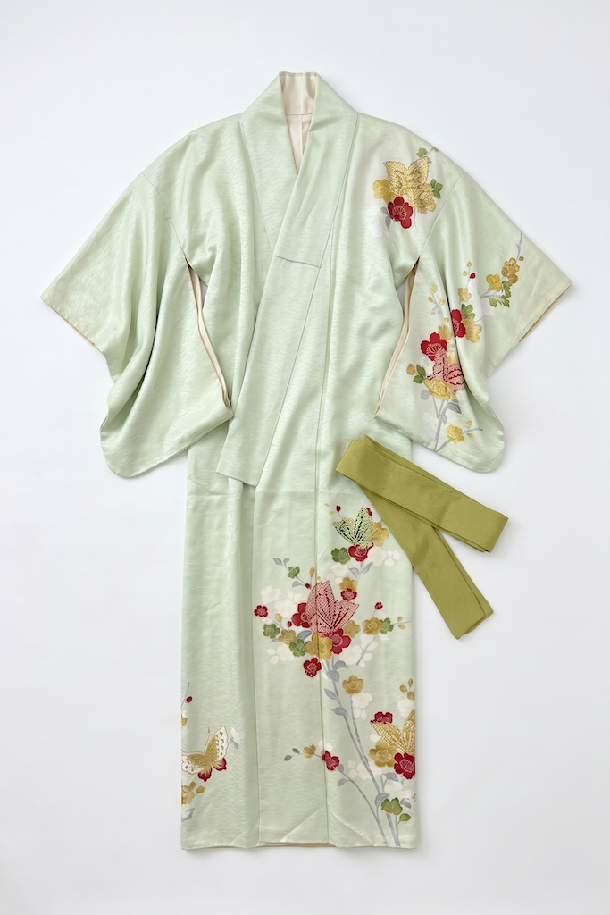 Vintage Green Butterflies Silk Kimono Robe-ThisBlueBird