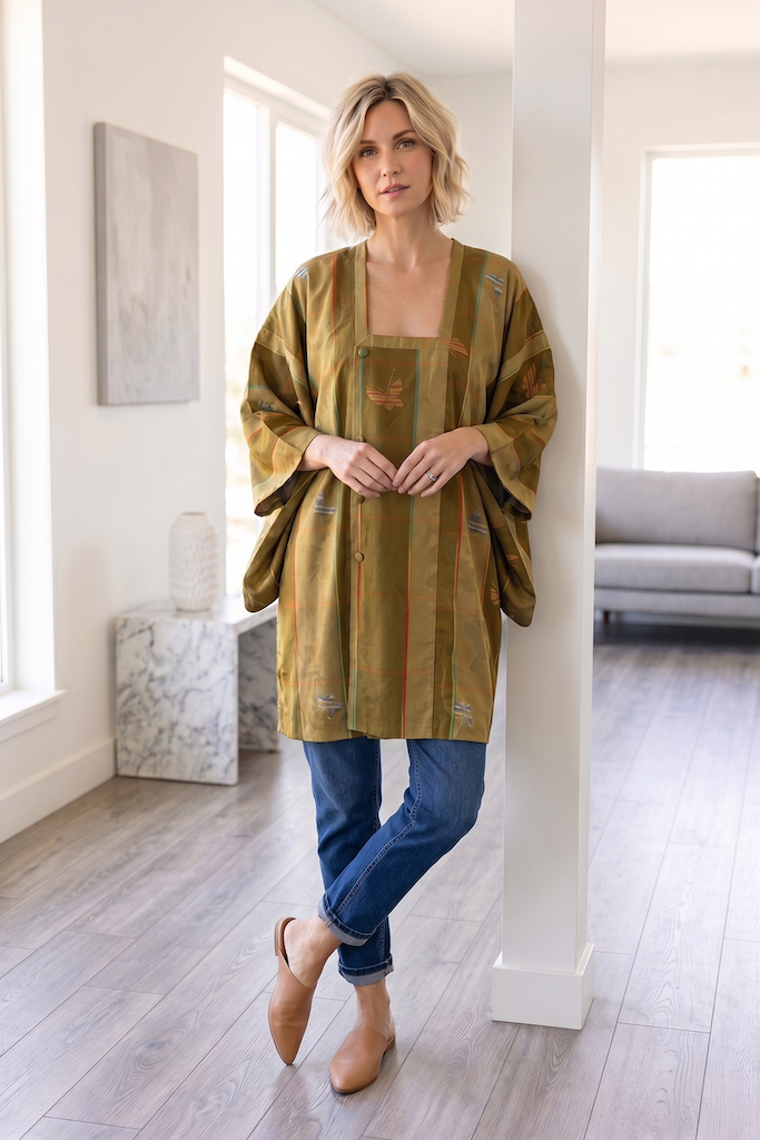 Vintage Green Butterfly Silk Kimono Cardigan-ThisBlueBird