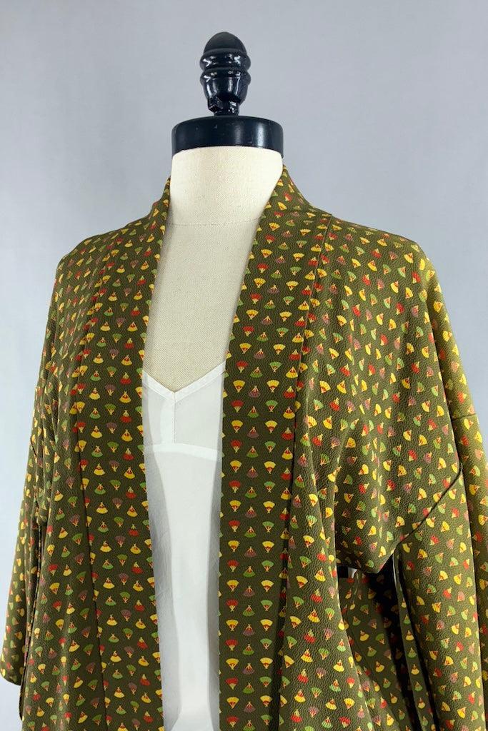 Vintage Green Fans Silk Kimono Cardigan-ThisBlueBird