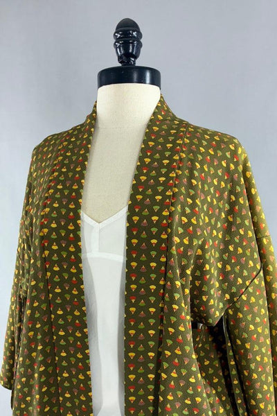 Vintage Green Fans Silk Kimono Cardigan-ThisBlueBird