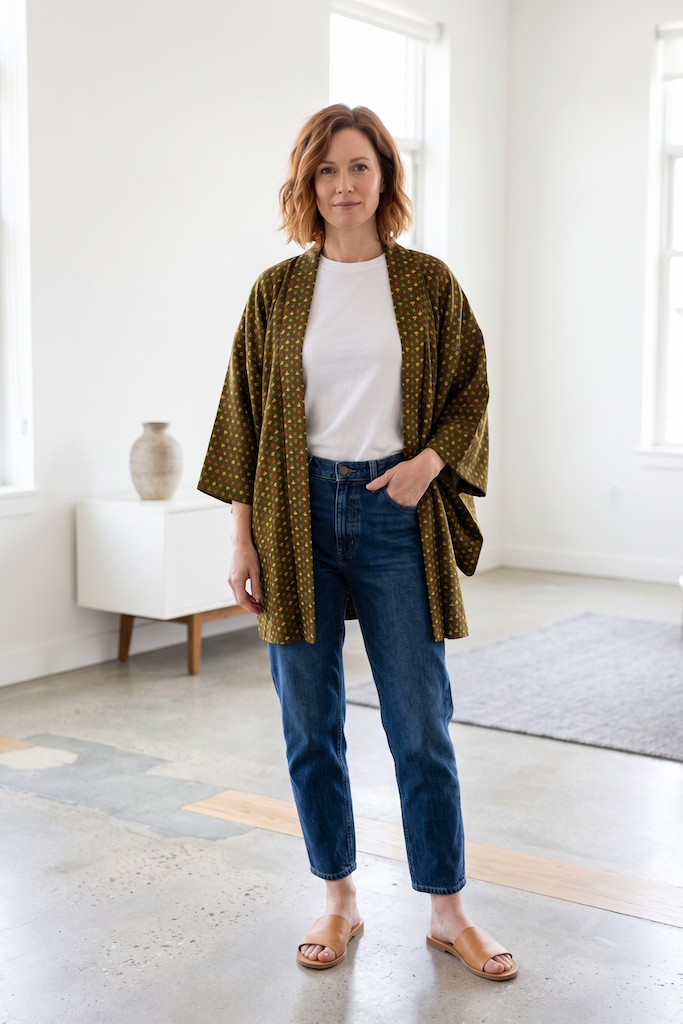 Vintage Green Fans Silk Kimono Cardigan-ThisBlueBird