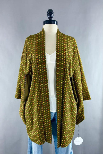 Vintage Green Fans Silk Kimono Cardigan-ThisBlueBird