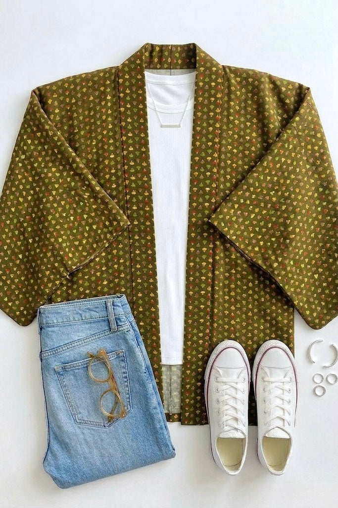 Vintage Green Fans Silk Kimono Cardigan-ThisBlueBird