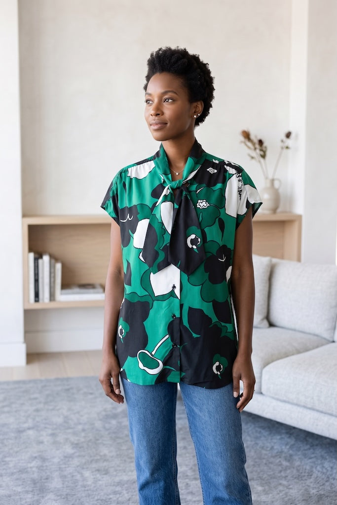 Vintage Green Floral Print Blouse-ThisBlueBird