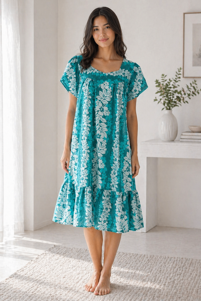 Vintage Green Hawaiian Caftan Dress-ThisBlueBird