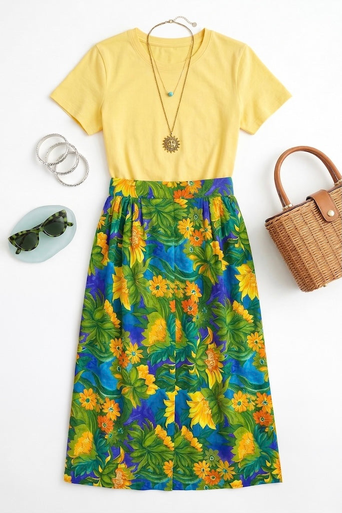 Vintage Green Hawaiian Print Maxi Skirt-ThisBlueBird