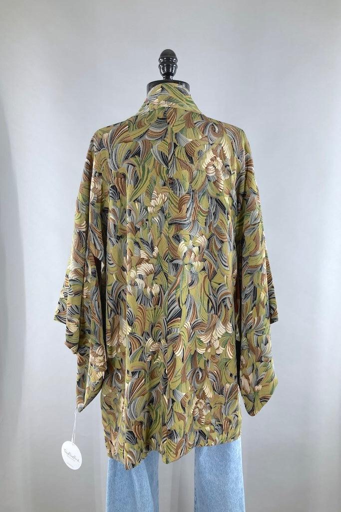 Vintage Green Leaves Silk Kimono Cardigan-ThisBlueBird