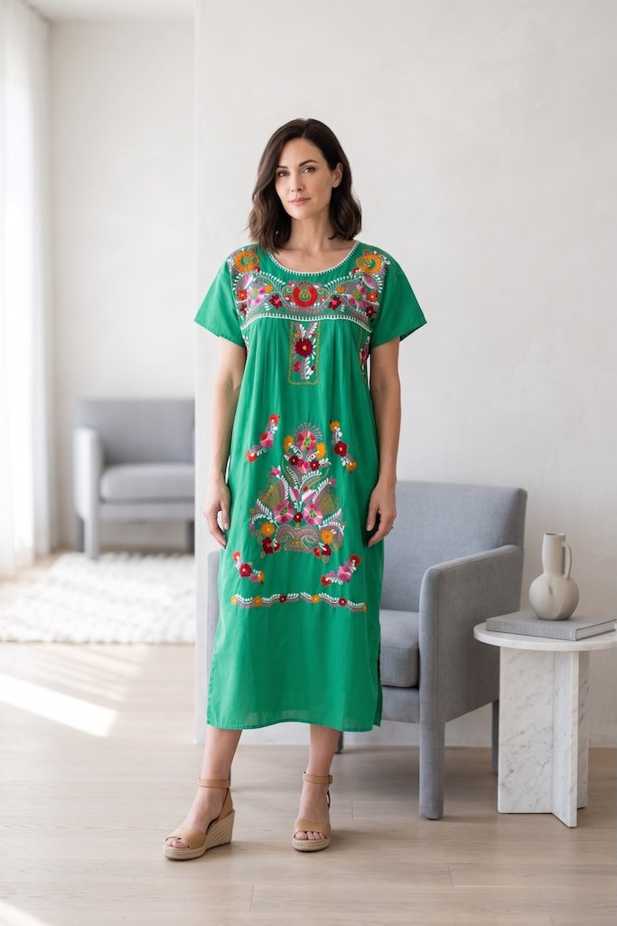 Vintage Green Mexican Embroidered Dress-ThisBlueBird