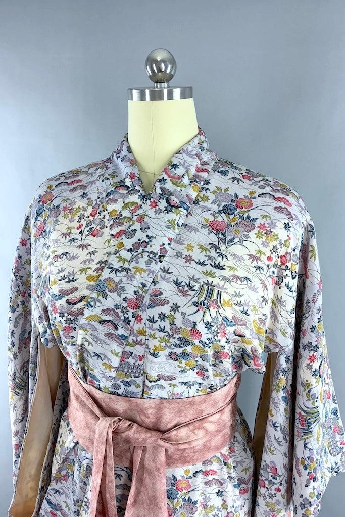 Vintage Grey Floral Silk Kimono Robe-ThisBlueBird