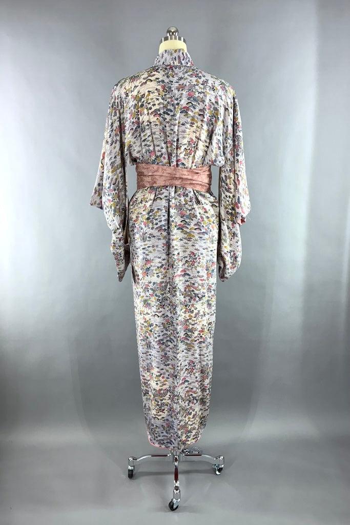 Vintage Grey Floral Silk Kimono Robe-ThisBlueBird
