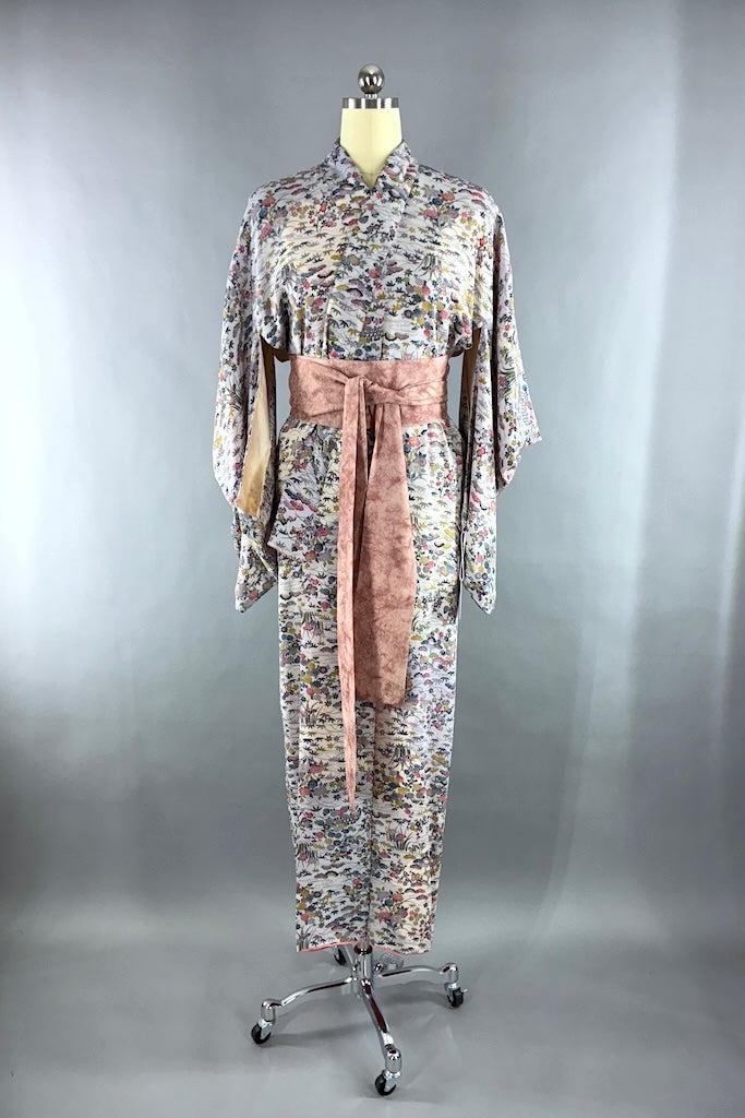 Vintage Grey Floral Silk Kimono Robe-ThisBlueBird