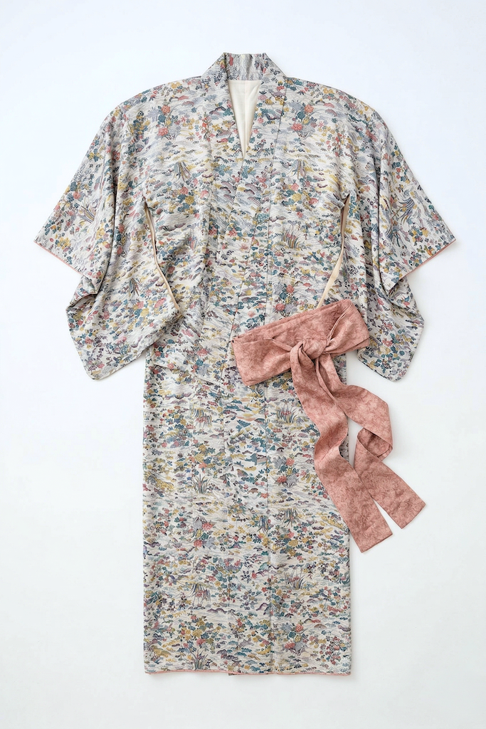 Vintage Grey Floral Silk Kimono Robe-ThisBlueBird