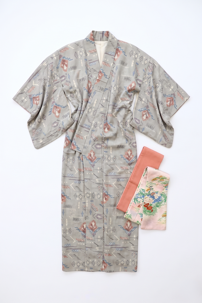 Vintage Grey Ikat Silk Kimono Robe-ThisBlueBird