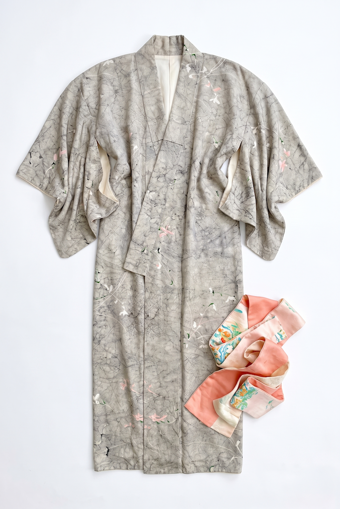 Vintage Grey Marble Floral Print Silk Kimono Robe-ThisBlueBird