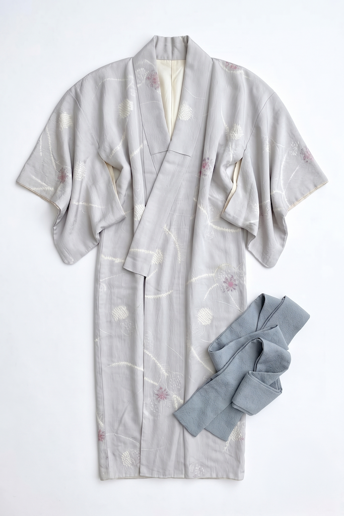 Vintage Grey Silk Floral Vases Kimono Robe-ThisBlueBird