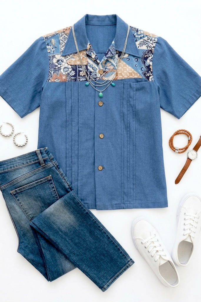 Vintage Hawaiian Print Chambray Shirt-ThisBlueBird