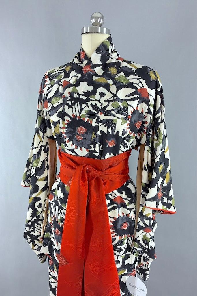 Vintage Ivory & Black Abstract Silk Kimono-ThisBlueBird