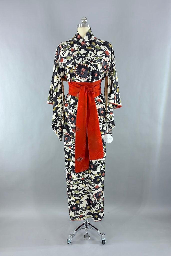 Vintage Ivory & Black Abstract Silk Kimono-ThisBlueBird