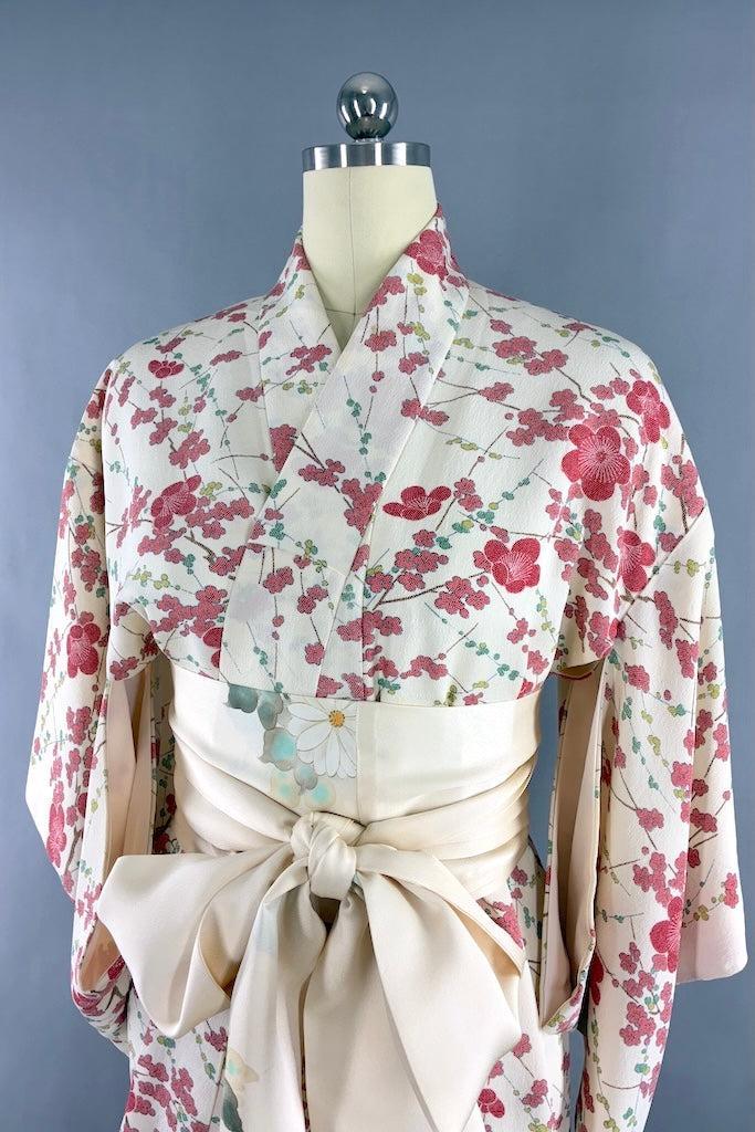 Vintage Ivory Cherry Blossom Silk Kimono Robe-ThisBlueBird